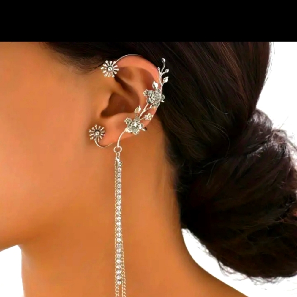Left ear cuff earring ,flowers, vines and 3 strands that dangle